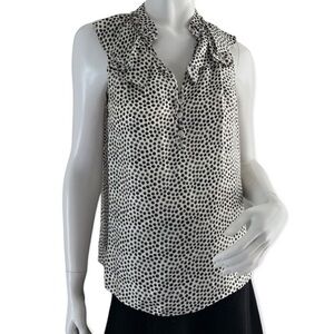 Cynthia Rowley 100 % Silk White Black Polka Dot V Neck Ruffle Sleeveless Top